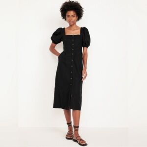 NWT! Old Navy Linen-Blend Button-Front Midi Dress Black 705471 🫐